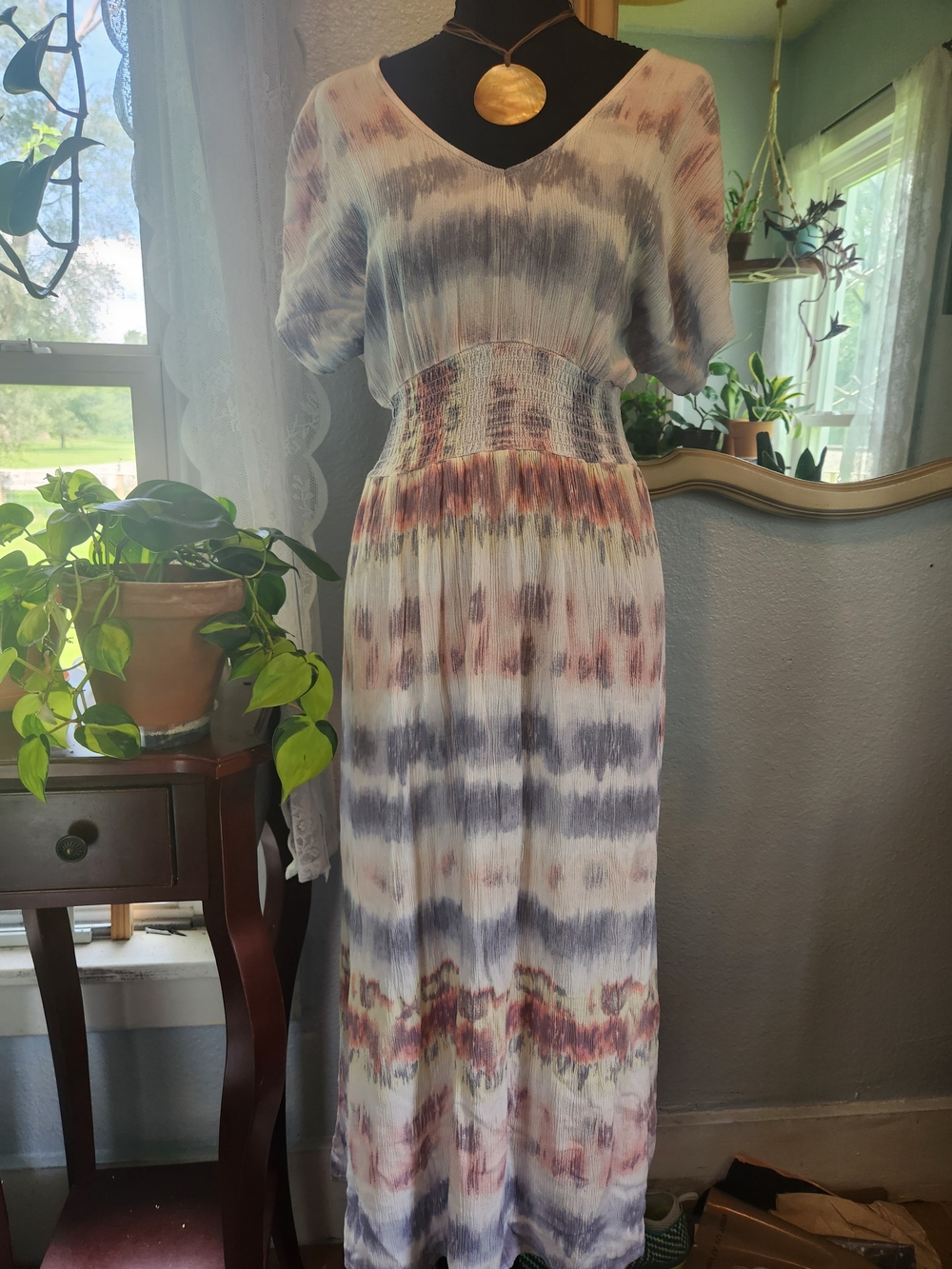 Smocked Waist Tie-Dye Maxi Dress - White with Blue & Rust
